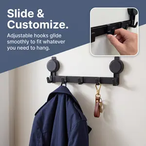 Matte Black 5 Hook Suction Cup Wall Hanger - Modern No Drill Damage Free Heavy Duty Stylish Wall Organizer for Minimalist Home, Apartment, Bathroom, Entryway