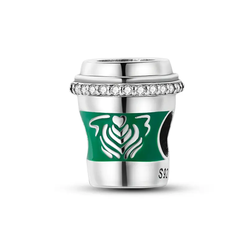 MULA Green Coffee Cup Charm - 925 Silver-Plated, Crystal Beads, Unique Gift for Coffee Lovers, Compatible with Pandora Bracelets & Necklaces, Charms Necklace