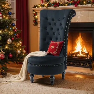 Velvet High Back Accent Chair with Storage, Black Upholstered Chair with Nailhead Trim, Button Tufting & Wooden Legs