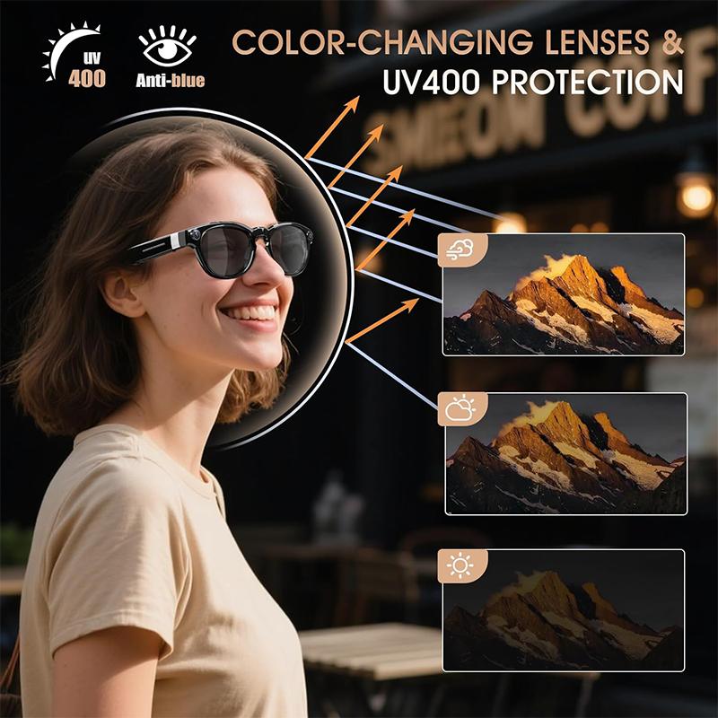 AI Smart Glasses with  8MP HD Camera,4k Photos, 1080P Video Recording , Real Time Translation, Voice Assistant,  for Travel, Meetings & Vlogging, Bluetooth Eyewear with Voice Assistant and Photochromic Lenses ,touch adjustment, next gen gadgets