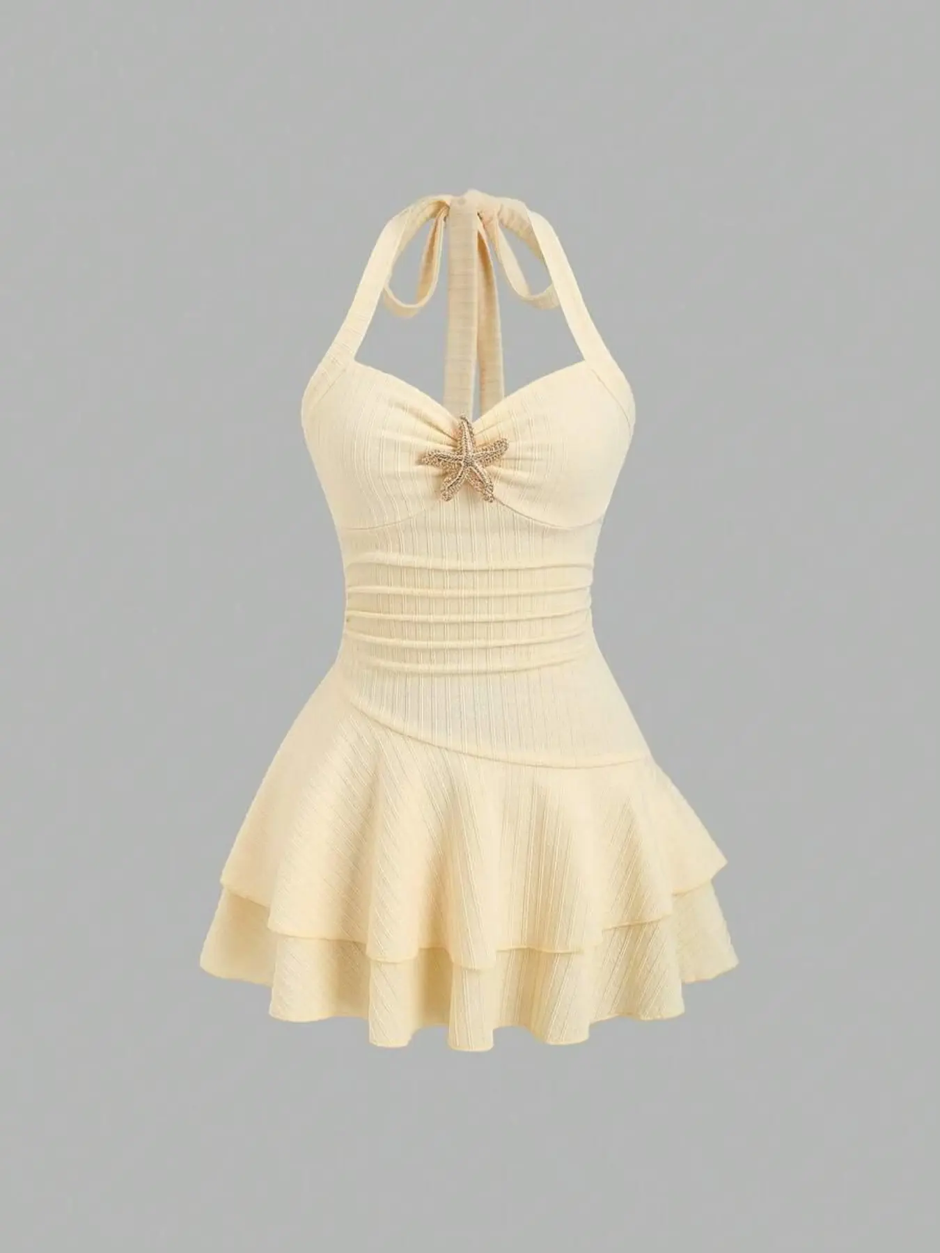 Women's New Summer Halter Neck Metal Decor Layered Ruffles Cute Mini Dress for Beach Vacation