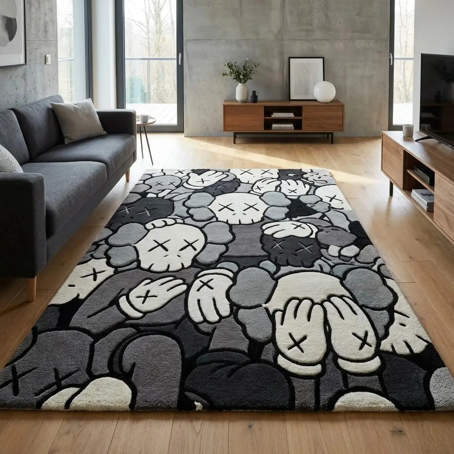 KAWS Inspired Hand Tufted Rug, Monochrome Pop Muse Wool Rug, Modern Abstract Handmade Rug, Custom Size Contemporary Luxury Carpet