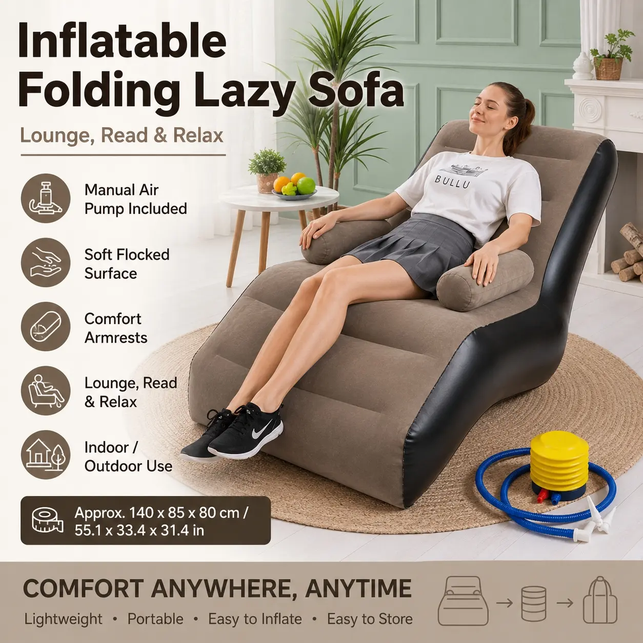 Inflatable Folding Sofa, Folding Couch Bed, Lounge Chair Thickened Durable, Sofa Lounge with Handrails Gaming Lounger Air Bench for Leisure Bed Sleeping, Lounge Chair for Bedroom, Living Room, Outdoor, Camping, Lazy Floor Sofa