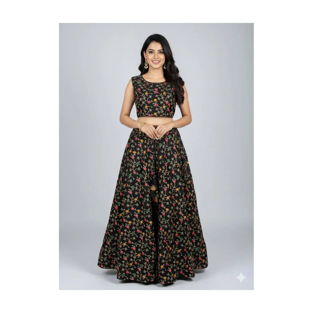 K35 Elegant Black Lehenga Choli Set with Vibrant Floral Embroidery