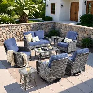OVIOS 8-Piece Outdoor Patio Furniture Set with Wicker Sofa, Swivel Chairs & Table, All-Weather Conversation Set with Cushions for Backyard Patio Porch Deck Garden Balcony Outdoor Seating Furniture