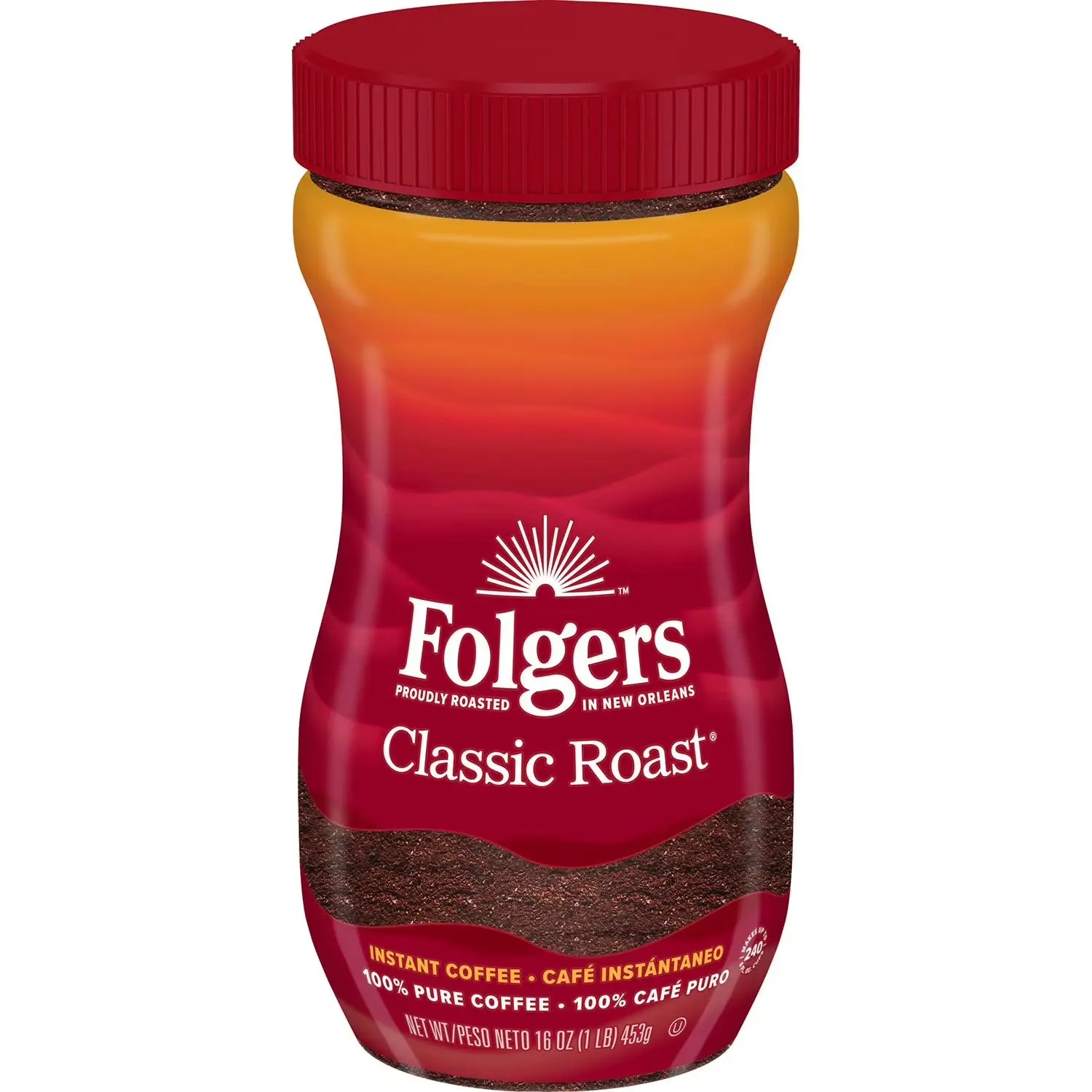 Folgers Classic Roast Instant Coffee Crystals, 16 oz Great-Tasting Beverage with Coffee Mix Packets, Single-Serve Options & Pods, Great-Tasting Instant Coffee