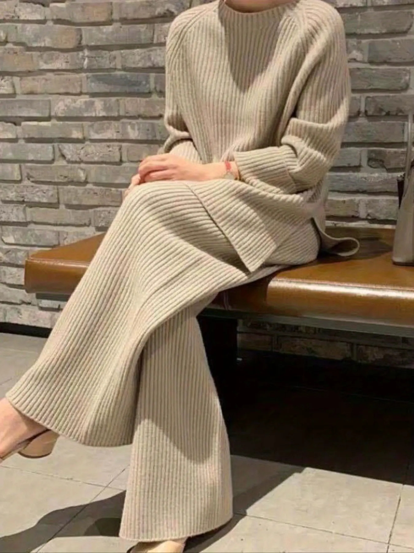 Women's Elegant Solid Color Side Slit Knit Set, Round Neck Sweater and Pants Two-Piece, Warm Soft Fall & Winter