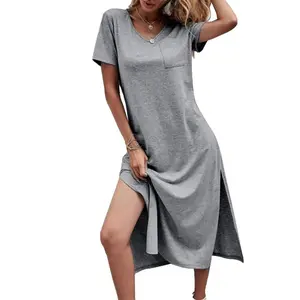 Imily Bela Women Summer T Shirt Dress Casual Short Sleeve V Neck Midi Dresses Loose Side Slit Tshirt Maxi Dress with Pockets