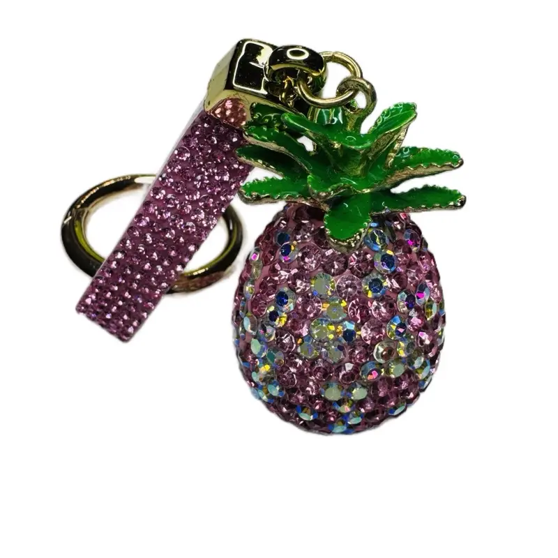 Pink Pineapple Bling Metal Bag Charm Keyring with Sparkling Rhinestones and Green Leaf Accents