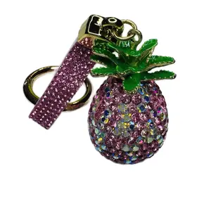 Pink Pineapple Bling Metal Bag Charm Keyring with Sparkling Rhinestones and Green Leaf Accents