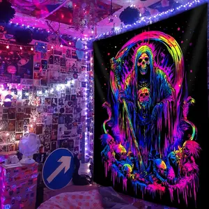 Tapestry  Glow in the Dark Grim Reaper Skull Tapestry, Fantasy Themed Polyester Wall Hanging, Indoor Portrait Orientation Woven Decor for Living Room, Dorm - No Electricity or Battery Needed 60X40 Decoration Colorful Gift