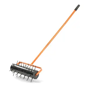 Heavy Duty Rolling Lawn Aerator, 17 Inch Spiked Aerator w/Pre-Attached 2.1-Inch Spikes & Spiral Design, 48" Handle w/Anti-Slip Grip, Sand Fillable Barrel for Effective Aeration, Orange