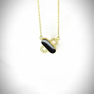 Elegantes Minimalist Gold 10k Solid Chain Necklace with Black Stone Pendant