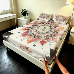 3PCS Watercolor Mandala Fitted Sheet Set, Minimalist Romantic Style, for Bedroom, Hotel and Homestay, Elastic Edge to Wrap Mattress, Ideal Housewarming, Birthday and Christmas Gift
