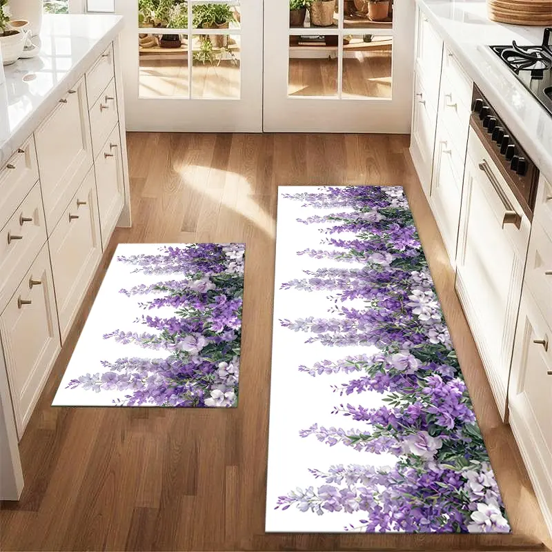 2Pcs Realistic Spring Flowers Violet Floor mat set including farmhouse Flower Pattern Rugs kitchen Runner Rug dining room flooring laundry room decorative carpet mat Home Decorative Rug Floral Rugs