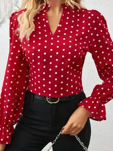 A women's stand-up collar small V-port design neckline wooden ear decoration red polka dot trumpet sleeve fitted Long Sleeve shirt blouses, Collared shirt, suitable for autumn and winter, retro commuter, dating and other styles