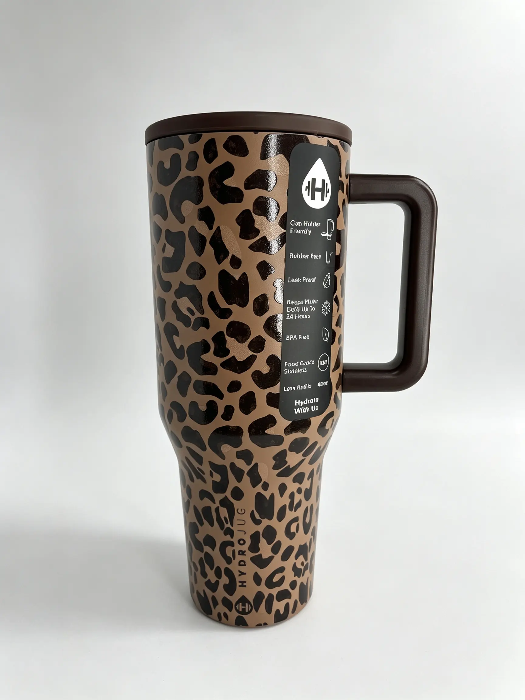 HydroJug 40oz Leopard Print Stainless Steel Insulated Flask - Premium Portable Drinkware, 24-Hour Cold Retention, Leakproof, Rubber Base, Sturdy Handle & Straw, Cup Holder Friendly - Ideal for Gym, Adventures