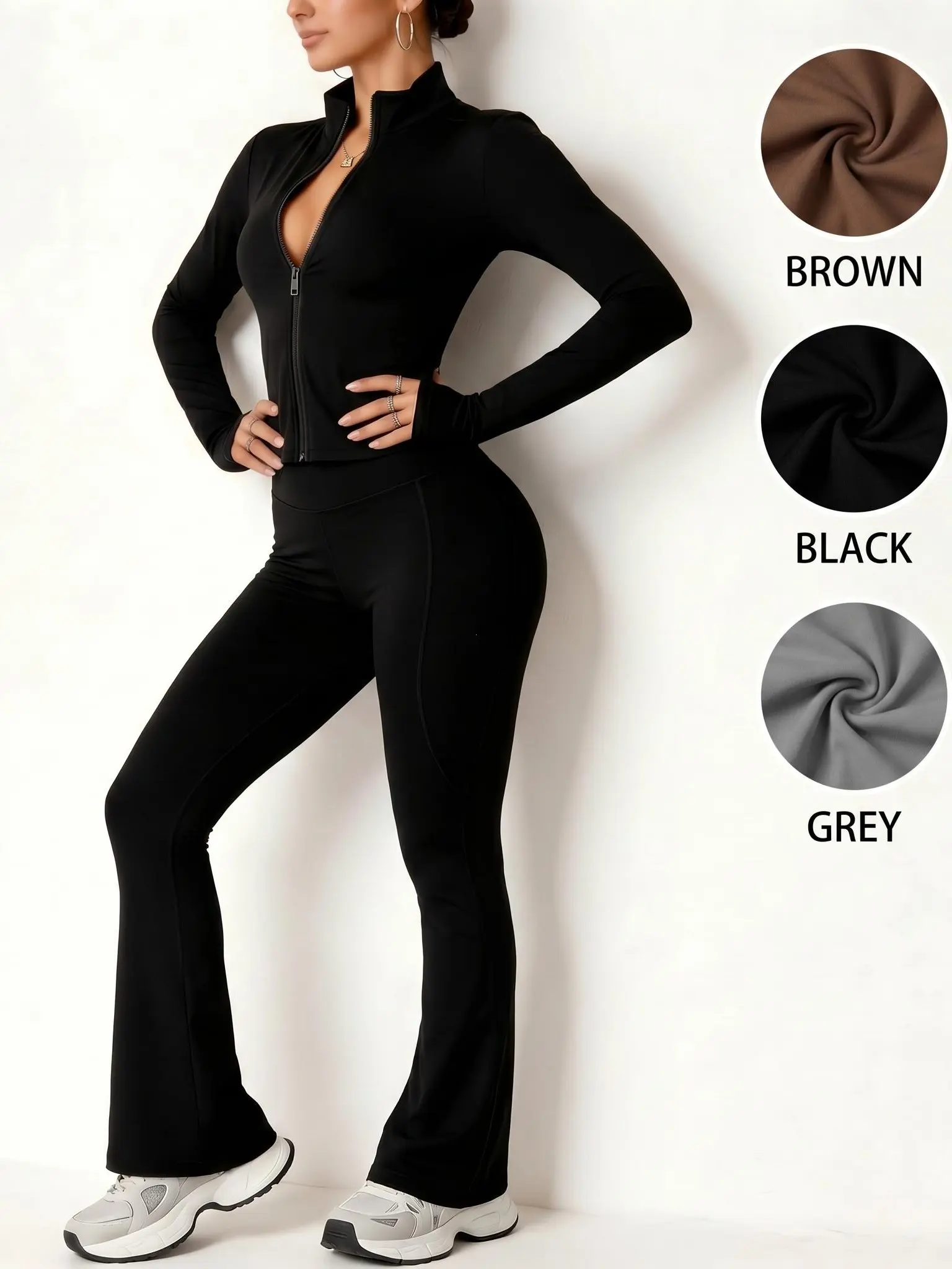 Women's 2 Piece Yoga Set – Long Sleeve Zip Up Jacket & High Waisted Flare Leggings, Tummy Control Butt Lifting Workout Outfit Sports Suit Solid Sports Sets Polyester Blend Activewear Matching Gym Set