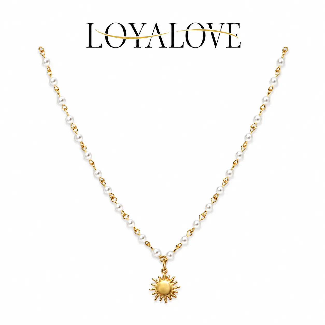 LOYALOVE 14K Gold Plated Sun Pendant Necklace for Women, 4mm Freshwater Pearl Chain Necklace, Minimalist Dainty Layering Jewelry, 14K Gold Plated Summer Necklace, Trendy Gift for Her