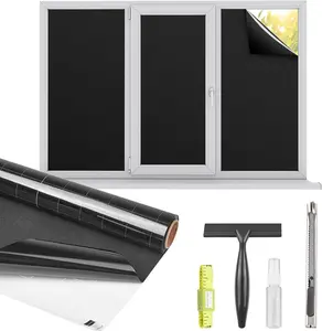 Blackout Window Privacy Film Total Light Blocking Room Darkening Window Covering, Removable Static Cling Frosted Glass Tint, Non-Adhesive, Black 17.5'' x 78.7''