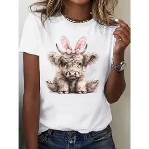 Women's Fitted Cotton T-Shirt with Easter Cow & Bunny Graphic Print, Chic Round Neck Short-Sleeve Classic Casual Top for All Seasons