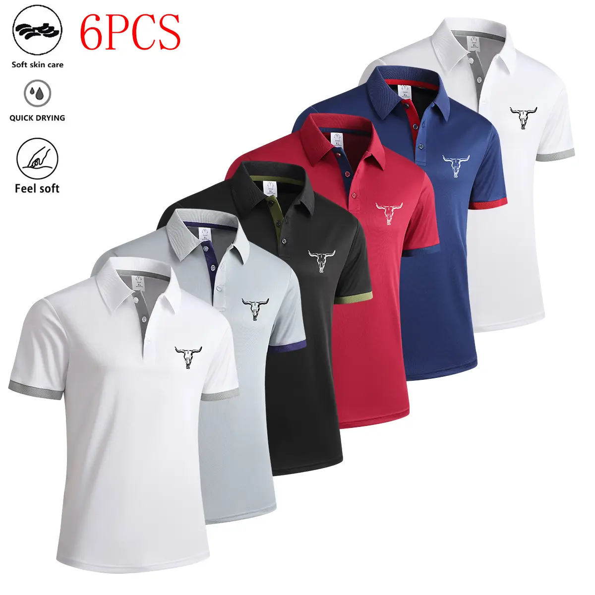 6-piece men’s outdoor casual polo shirt set—perfect for outdoor activities; men’s tops, comfortable and breathable.