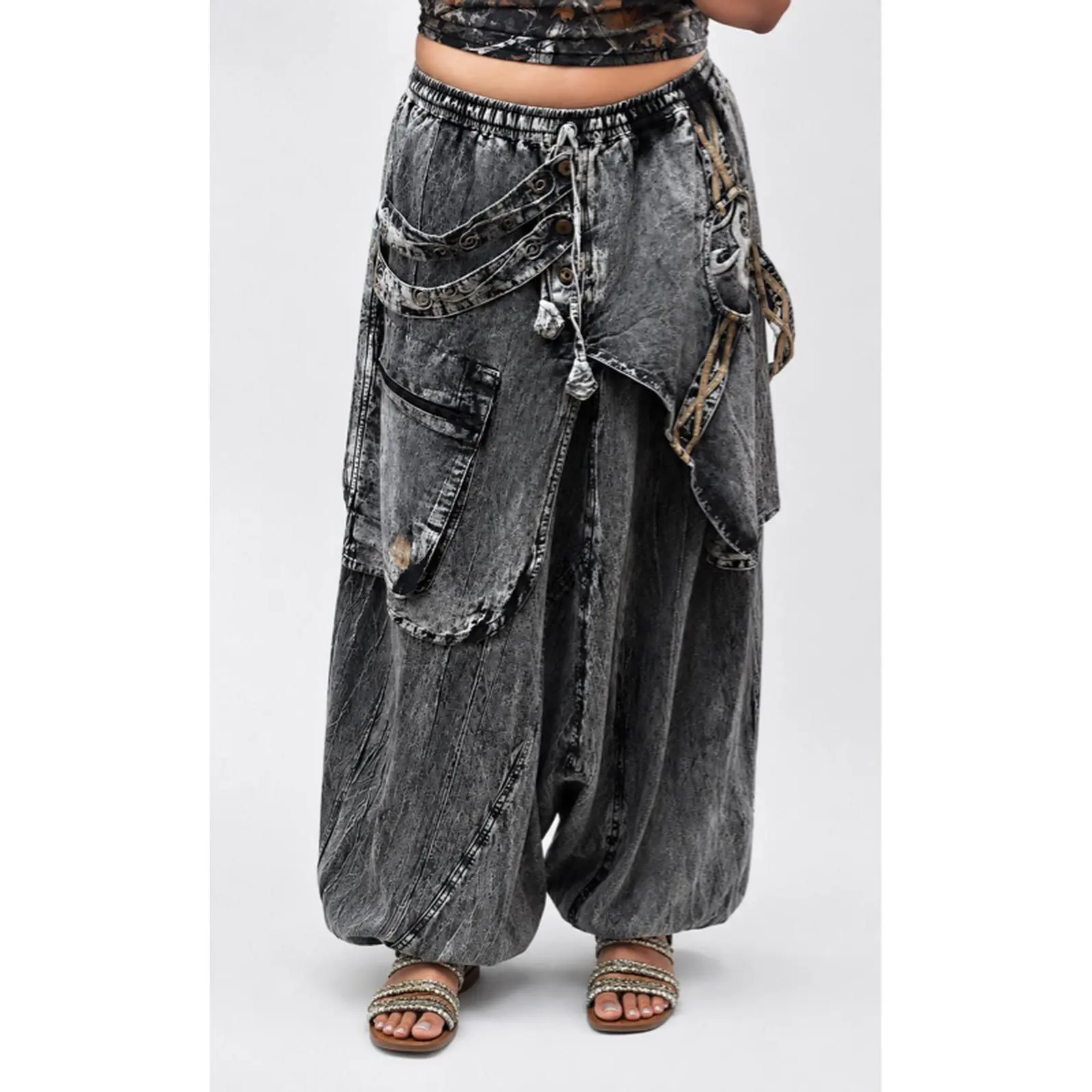 Unisex Baggy Harem Cargo Pants Boho Hippie Festival Streetwear with Oversized Utility Pockets & Drop Crotch Design for Comfort & Style