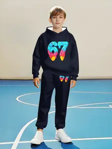 Boys' Digital [67] Hoodie and Sweatpants Set, Fitted, Comfortable Polyester Blend, Long Sleeve, Pocket Design, Spring & Fall