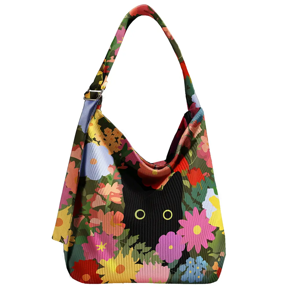 Miss Adola Women's Corduroy Hobo Bag - Large Crossbody Gym Tote with Zippered Pockets, Flower Prints, Aesthetic Look, Sports & Outdoor Travel Work Essential