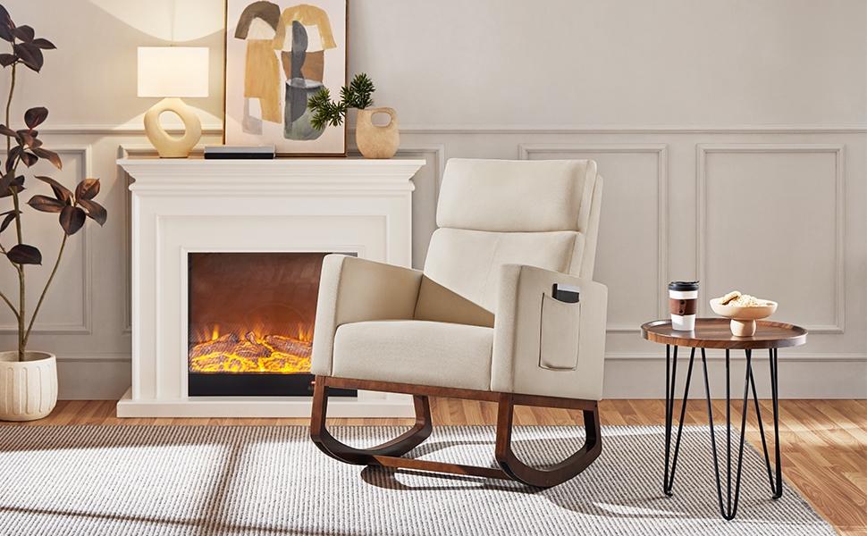 Yaheetech Rocking Chair Upholstered Glider Chair with Solid Wood Legs, Rocking Accent Armchair with High Back and Side Pocket for Living Room Bedroom