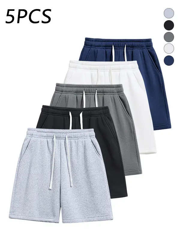 Pack of 5 men’s summer casual athletic shorts, drawstring elastic waistband, loose straight fit, skin-friendly breathable fabric, for everyday wear