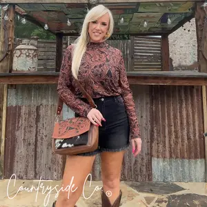 Countryside Co. Grace Tooled Leather Everyday Purse with Front Cowhide Pocket, Distressed Leather Design, Two Shoulder Straps, Inside Zipper Pocket, Handbag Crossbody