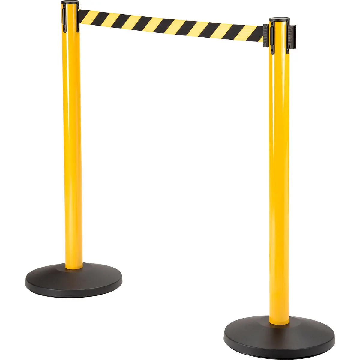 Global Industrial Commercial Retractable Belt Barrier for Traffic Control, 40 in. Yellow Post, 11 ft. Black-Yellow Belt, 22.5 lbs, 3.5" H x 8.5" W x 20" L, Standard Round Base, Highly Visible, Exceptional Reliability, All Seasons, Stainless Steel Build