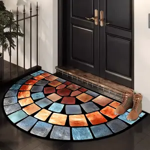 Modern Geometric Doormat Blue Pattern Semi Circle Outdoor Mat Non Slip Polyester Rug for Front Door Porch Patio Entryway