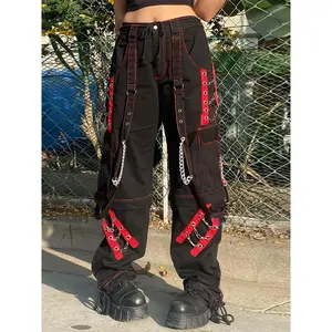 Women's Black Cargo Jeans with Red Strap & Chain Decor, Side Flap Pockets, Loose Fit Streetwear Denim Pants - Stylish Y2K Kpop Inspired Design, Low Rise Jeans