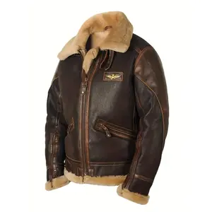 1pc TNZI men's fleece thickened flight jacket, plush lapel fashionable PU jacket, chest label design coat, with zipper and zipper pocket - comfortable, warm, windproof, suitable for outdoor or casual autumn/winter wear