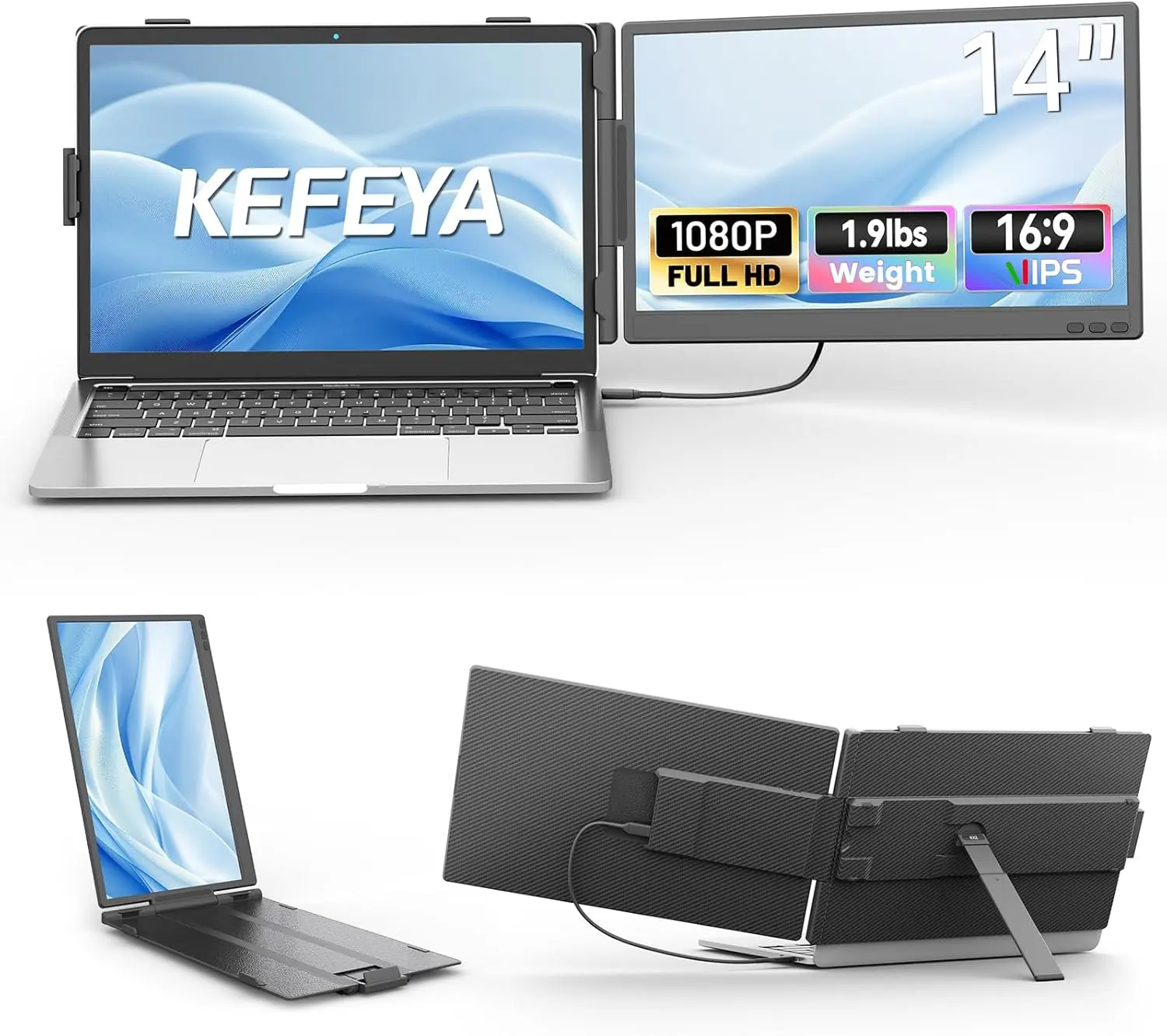 KEFEYA Laptop Screen Extender 14", FHD 1080P IPS lcd Laptop Monitor Extender, Portable Dual Monitor for Laptops 13-17" with USB-C/HDMI Port, Plug n Play for Windows/Mac/Android/Switch/PS5 summerwins