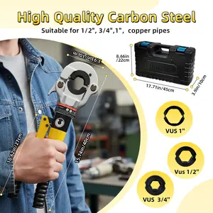 Hydraulic crimping tool, 360 °   rotating copper crimping tool, equipped with cable cutters, with 1/2-inch, 3/4-inch, and 1-inch pipe crimping tools, one click open, used for crimping copper pipes, narrow spaces, and tee fittings, hydraulic drive, gift ex