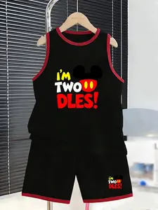 Summer Boys' Sports Set, Mickey Element + I'm Twoodles Slogan, Cute Funny Style, Sleeveless Vest + Short Pants Two-Piece, Breathable Comfort