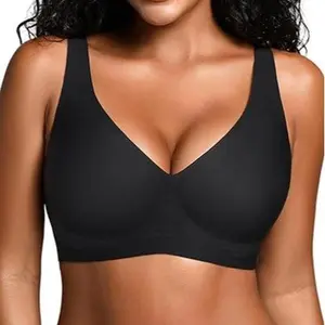 Women's Black jelly bras No Underwire T-Shirt bra Seamless Comfortable Soft Wireless Basic Bridal One Piece Minimalist Everyday Wear with Adjustable Straps Vneck Breathable push up bra