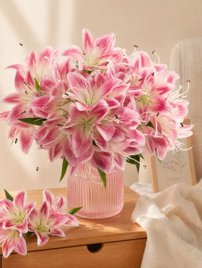 6pcs Pink Artificial Lily Flower, 34cm Faux Floral Decoration