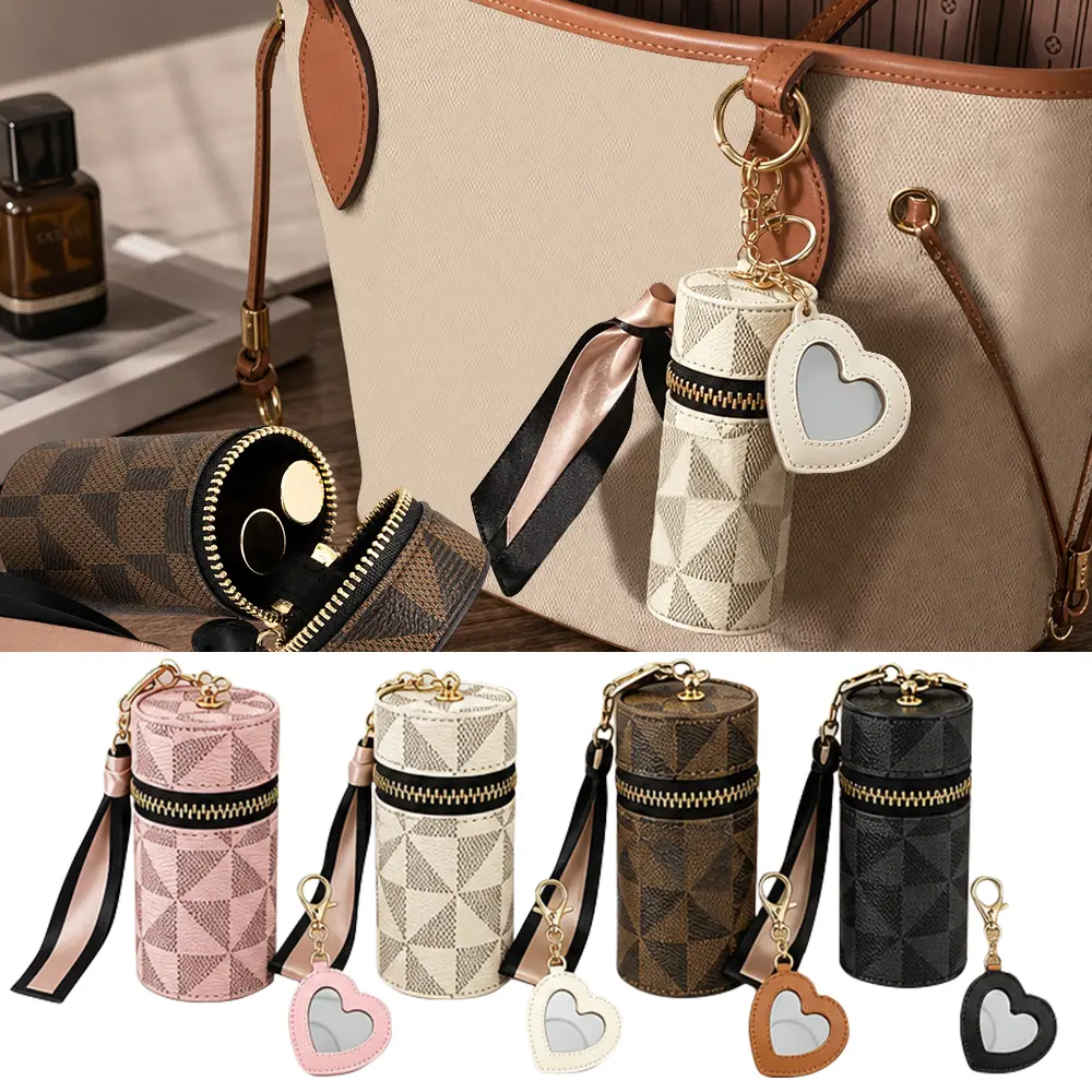 Women's 4-Piece PU Leather Lipstick Compact Bag - With 4 Mini Mirrors, Keychain - For Daily Makeup Touch-Ups, Travel, Gifting (Sewing Craft Accessory), Mini Mirror