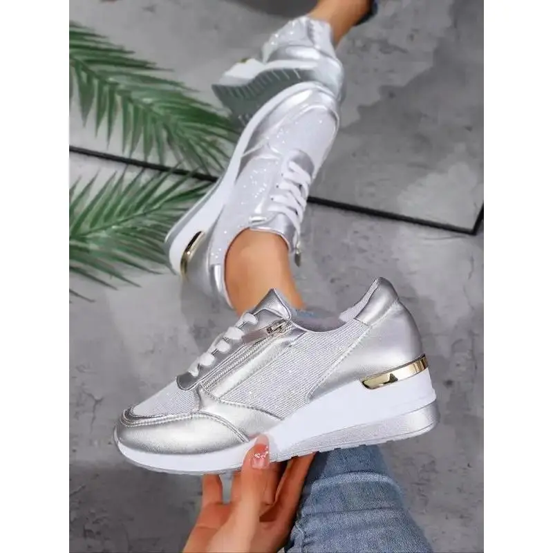 Women's Glittering Side-Zipper Wedge Sneakers - All-Seasons Casual Comfortable Sports Shoes for Daily Wear, Ideal for Students