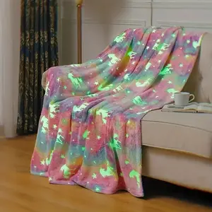 1pc Glow in the Dark Unicorn Flannel Blanket - Ultra Soft Rainbow Fleece Throw  Bedroom & Living Room - Perfect Holiday & Birthday Gift Fuzzy Blanket