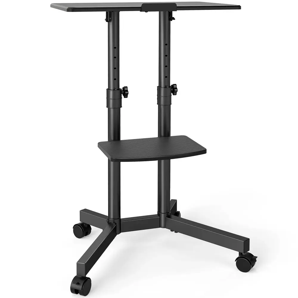 Black Height-Adjustable Rolling Mobile Computer Desk Cart with Tiltable Tabletop and Shelf, Stand-Up Workstation for Presentations, Monitor Shelf