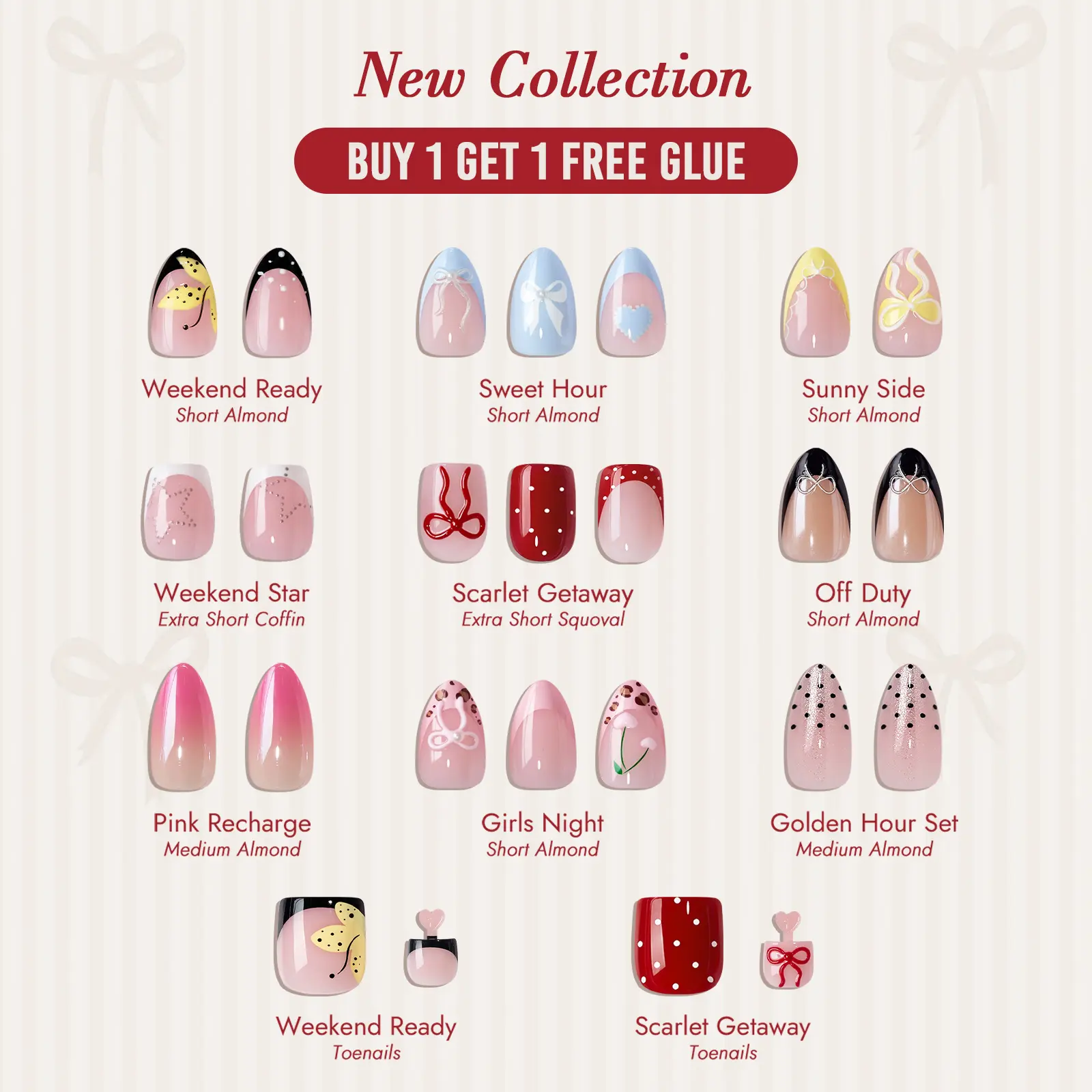 [Buy 1 Get 1 Free Glue]BTArtbox Press On Nails Short - Weekend Getaway, Easy-to-Apply 3D Almond Square French Tip Press On Nails with Glue and Adhesive Tabs in 15 Sizes - 30 Nails All-in-One Kit, Summer Vacation Party Toenails