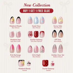 [Buy 1 Get 1 Free]BTArtbox Press On Nails Short - Weekend Getaway, Easy-to-Apply 3D Almond Square French Tip Press On Nails with Glue and Adhesive Tabs in 15 Sizes - 30 Nails All-in-One Kit, Summer Vacation Party Toenails, Deals For You Day