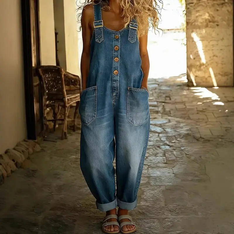 Women's Retro Denim Overalls, Loose-Fit Distressed Casual Jumpsuit, Full-Length with Adjustable Buckles, Jumpsuits For Women, Overalls For Women