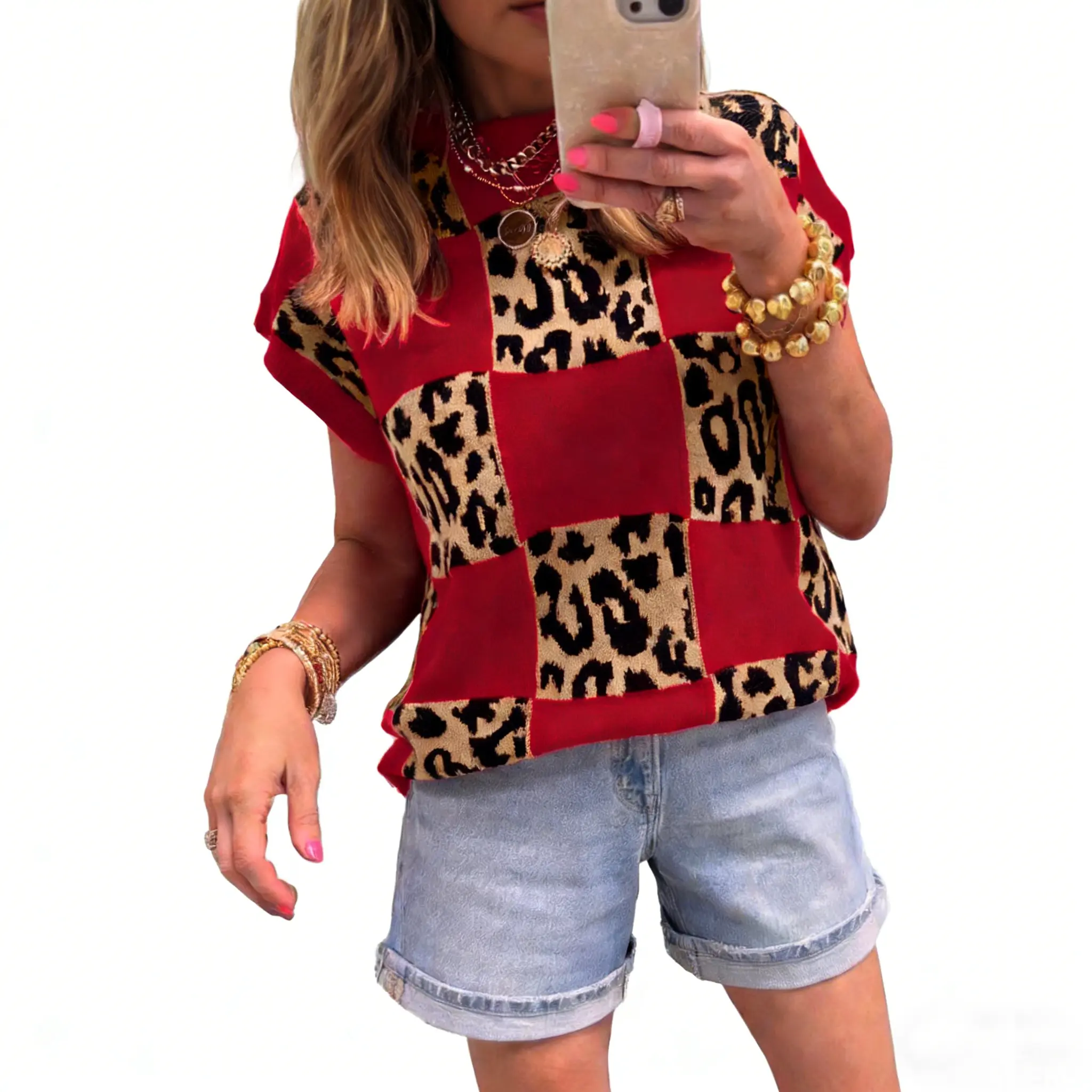 Women's Fitted Knit Sweater Top, Casual Short Sleeve Pullover with a Checkerboard Animal Print and Crewneck, Knitwear, Plaid