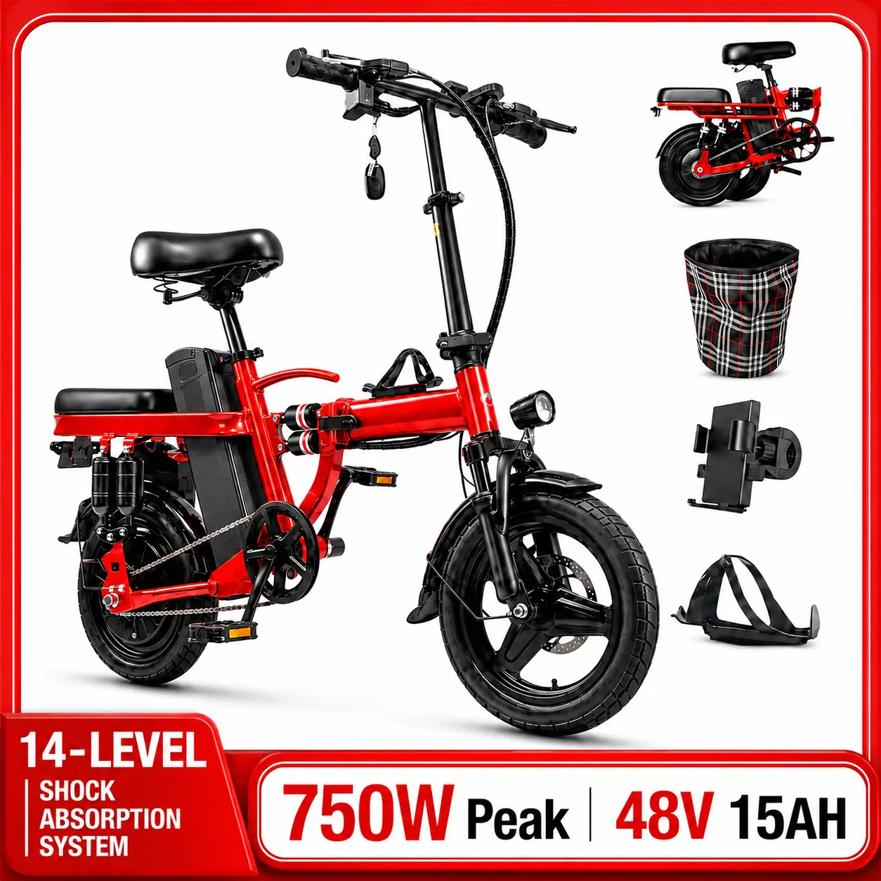 750W Folding Adult Ebike - 48V 15Ah Removable Battery, 20+ MPH, 20-30 mi Range, Dual-Seat Compact City Bike with 14-Level Adjustable Suspension, UL 2849 Certified, Commute Gear for Daily Easy Rides, Collapsible Ebikes